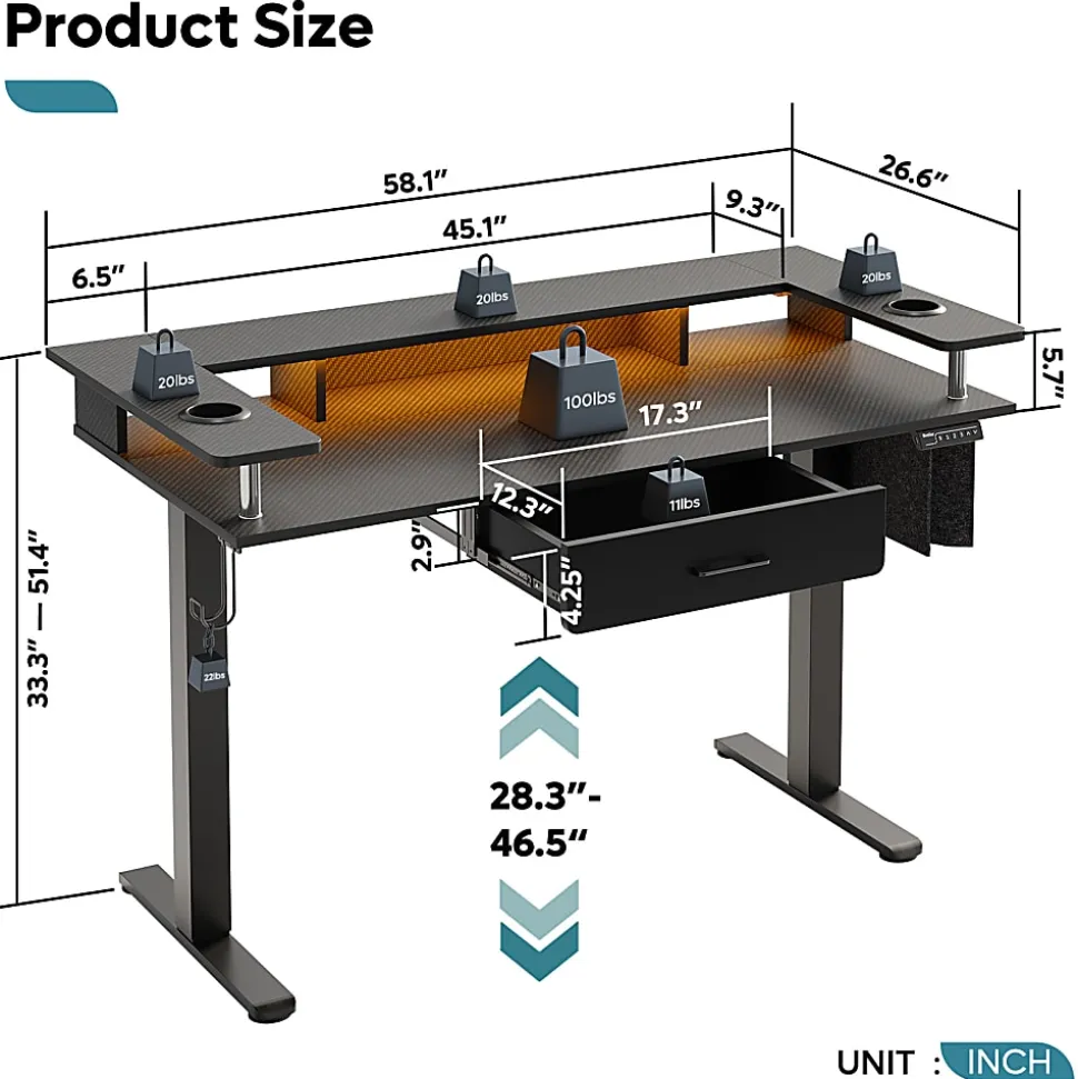 Bestier 58"W Electric Adjustable Height Standing Desk With Monitor Riser, Carbon Fiber Black