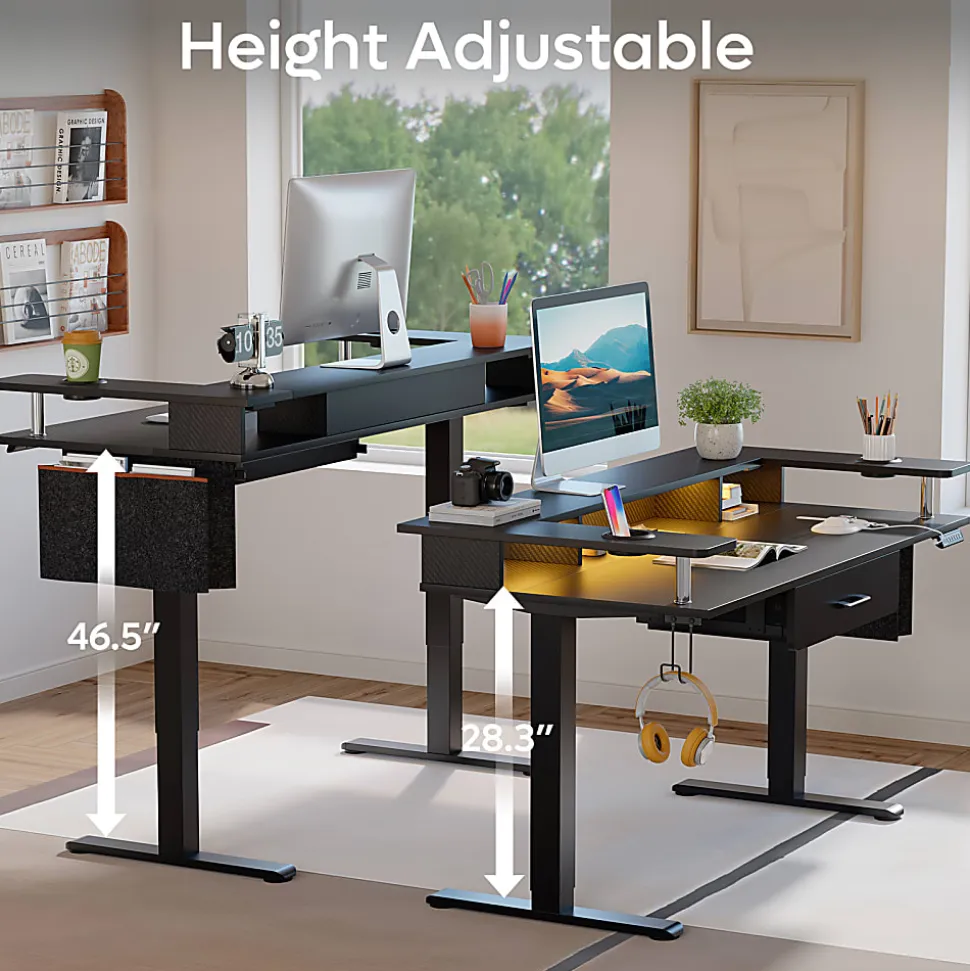 Bestier 58"W Electric Adjustable Height Standing Desk With Monitor Riser, Carbon Fiber Black