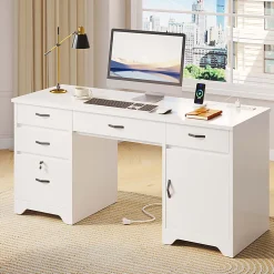 Bestier 60"W Executive Computer Desk With Drawers And Power Outlets, White