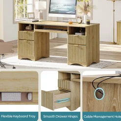 Bestier 60"W Executive Computer Desk With Keyboard Tray And 4 Storage Drawers, Natural