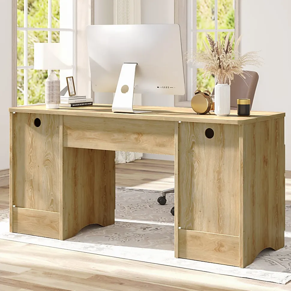 Bestier 60"W Executive Computer Desk With Keyboard Tray And 4 Storage Drawers, Natural