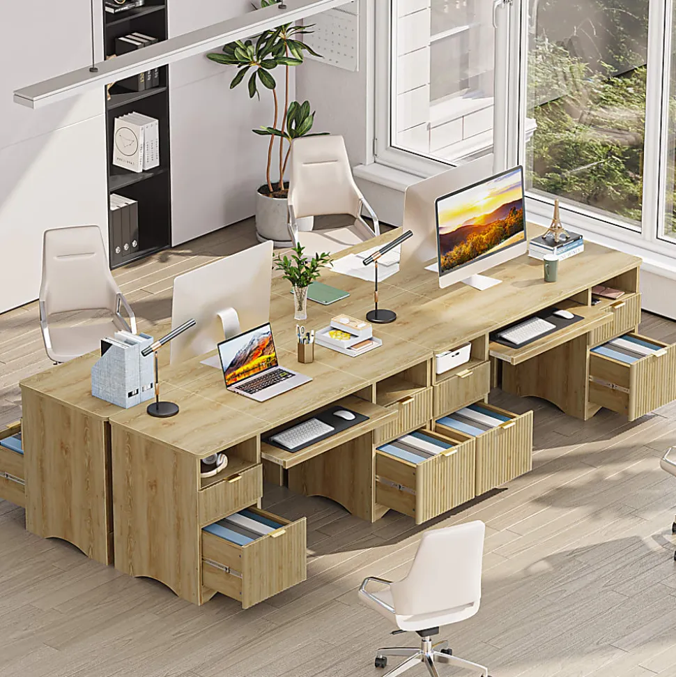 Bestier 60"W Executive Computer Desk With Keyboard Tray And 4 Storage Drawers, Natural