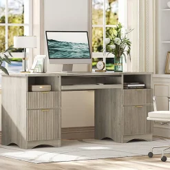 Bestier 60"W Executive Computer Desk With Keyboard Tray And 4 Storage Drawers, Wash Gray