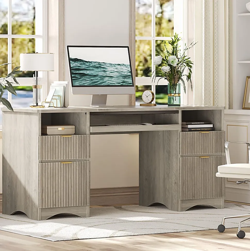 Bestier 60"W Executive Computer Desk With Keyboard Tray And 4 Storage Drawers, Wash Gray