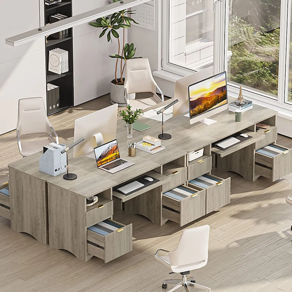 Bestier 60"W Executive Computer Desk With Keyboard Tray And 4 Storage Drawers, Wash Gray