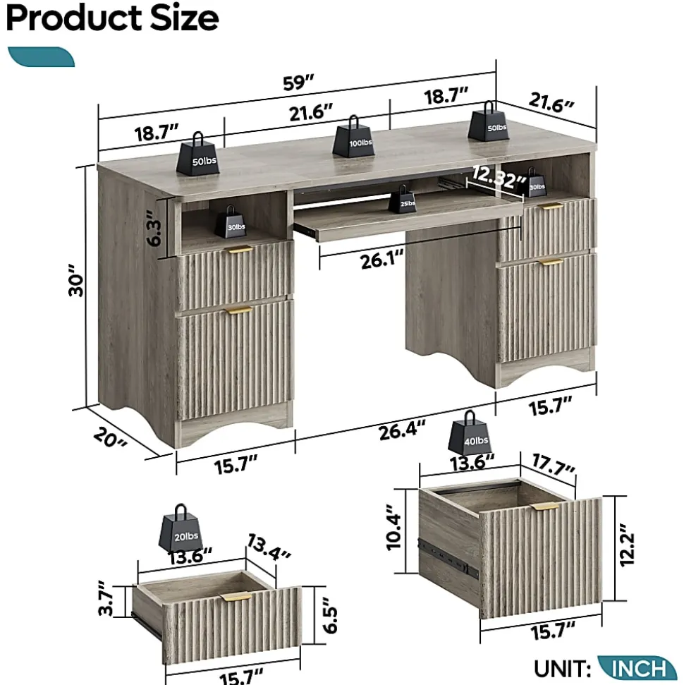 Bestier 60"W Executive Computer Desk With Keyboard Tray And 4 Storage Drawers, Wash Gray