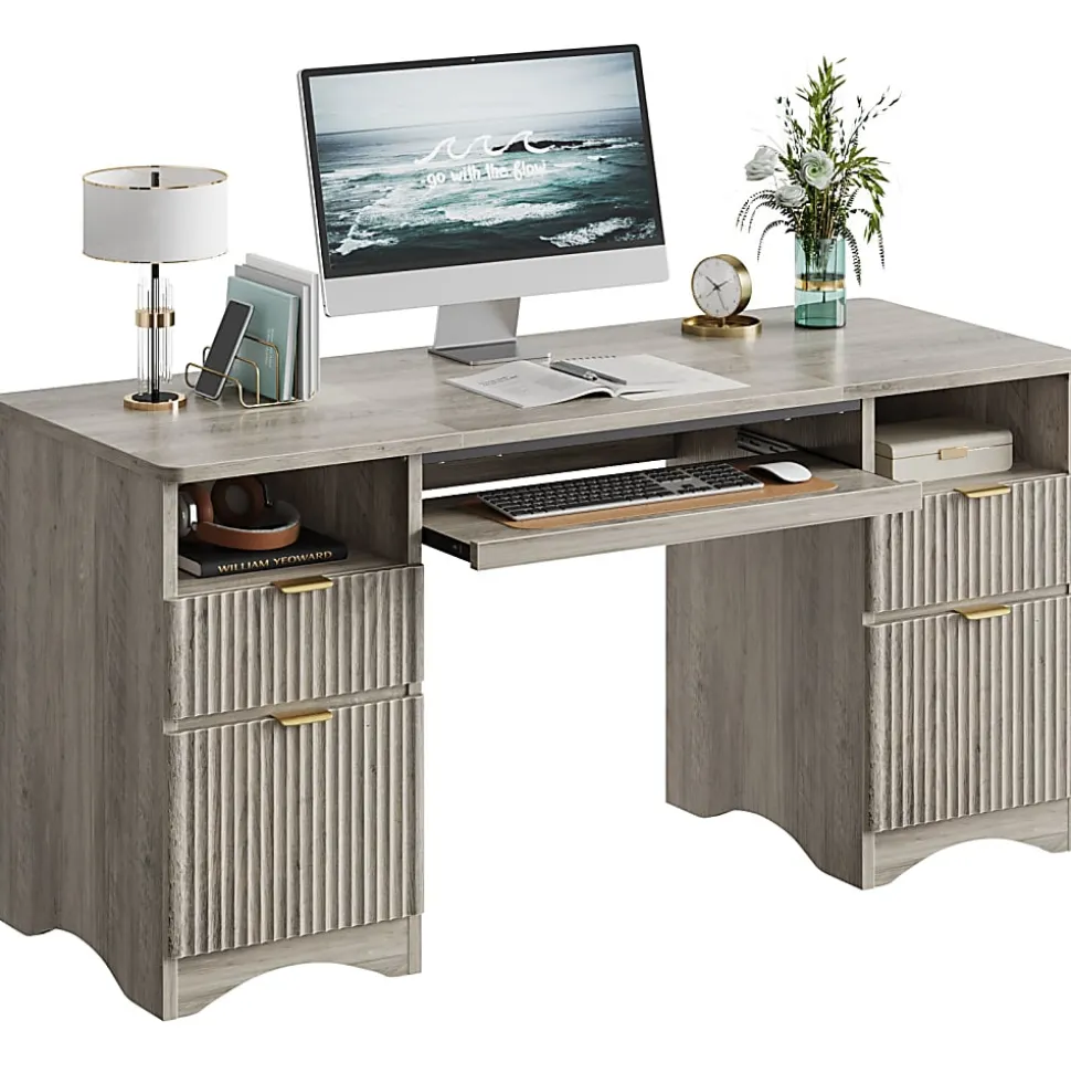 Bestier 60"W Executive Computer Desk With Keyboard Tray And 4 Storage Drawers, Wash Gray