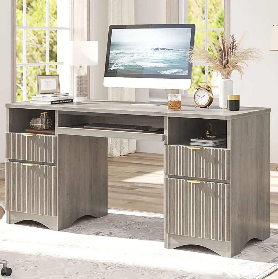 Bestier 60"W Executive Computer Desk With Keyboard Tray And 4 Storage Drawers, Wash Gray