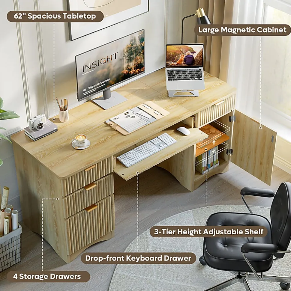 Bestier 63"W Fluted Executive Corner Desk, Natural