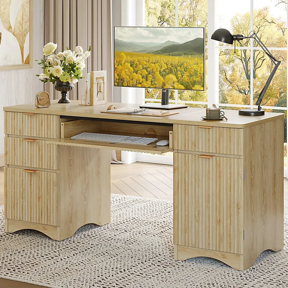 Bestier 63"W Fluted Executive Corner Desk, Natural