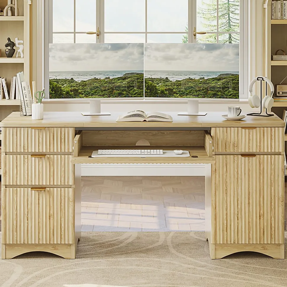Bestier 63"W Fluted Executive Corner Desk, Natural