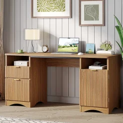 Bestier 60"W Fluted Executive Desk With Drawers/Cabinet, Brown Oak