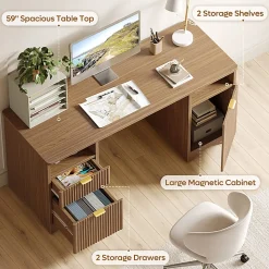Bestier 60"W Fluted Executive Desk With Drawers/Cabinet, Brown Oak