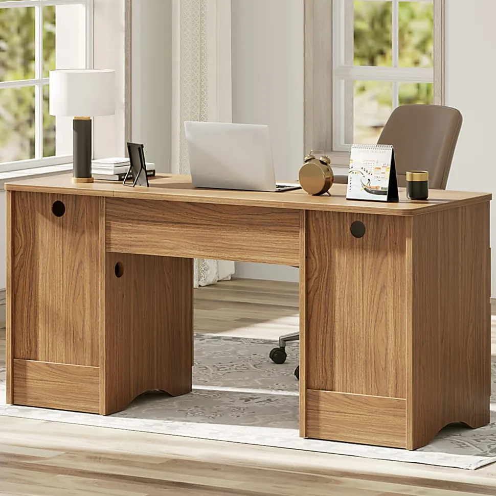 Bestier 60"W Fluted Executive Desk With Drawers/Cabinet, Brown Oak