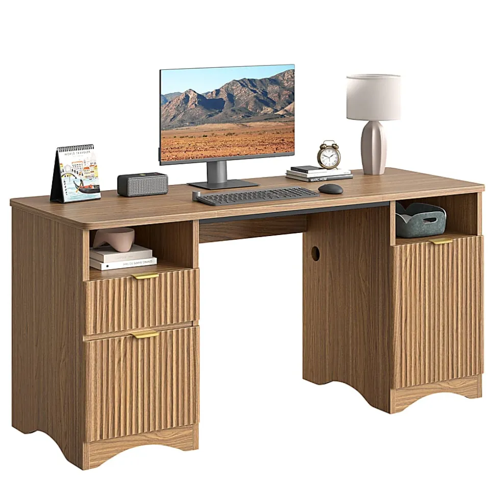 Bestier 60"W Fluted Executive Desk With Drawers/Cabinet, Brown Oak