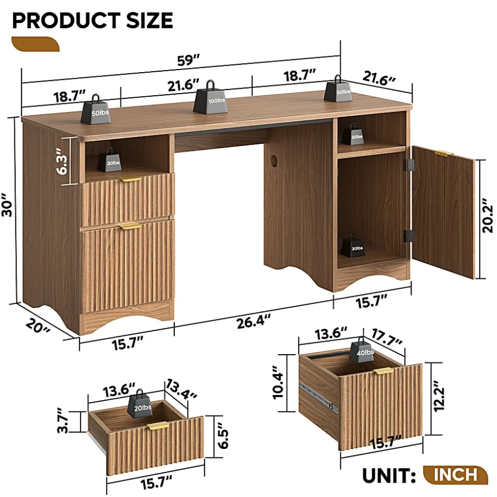 Bestier 60"W Fluted Executive Desk With Drawers/Cabinet, Brown Oak