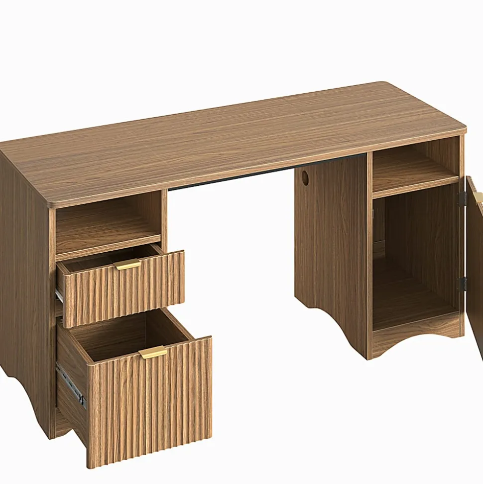 Bestier 60"W Fluted Executive Desk With Drawers/Cabinet, Brown Oak