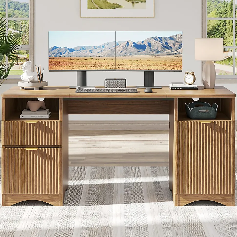 Bestier 60"W Fluted Executive Desk With Drawers/Cabinet, Brown Oak