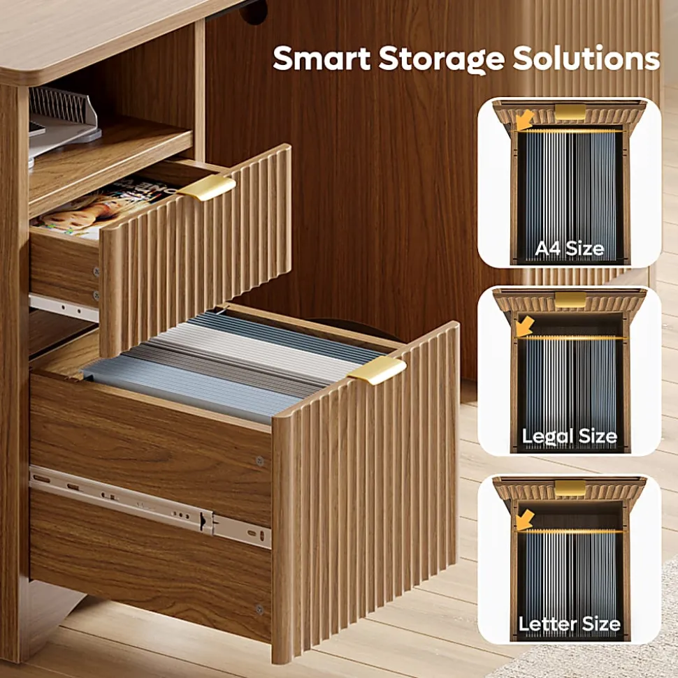 Bestier 60"W Fluted Executive Desk With Drawers/Cabinet, Brown Oak