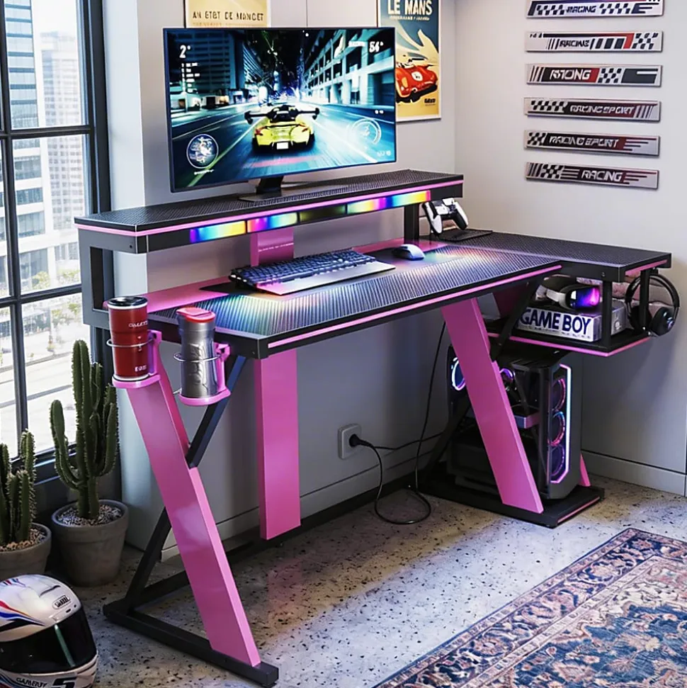 Bestier 58"W LED Gaming Computer Desk With Power Outlet, Black/Purple