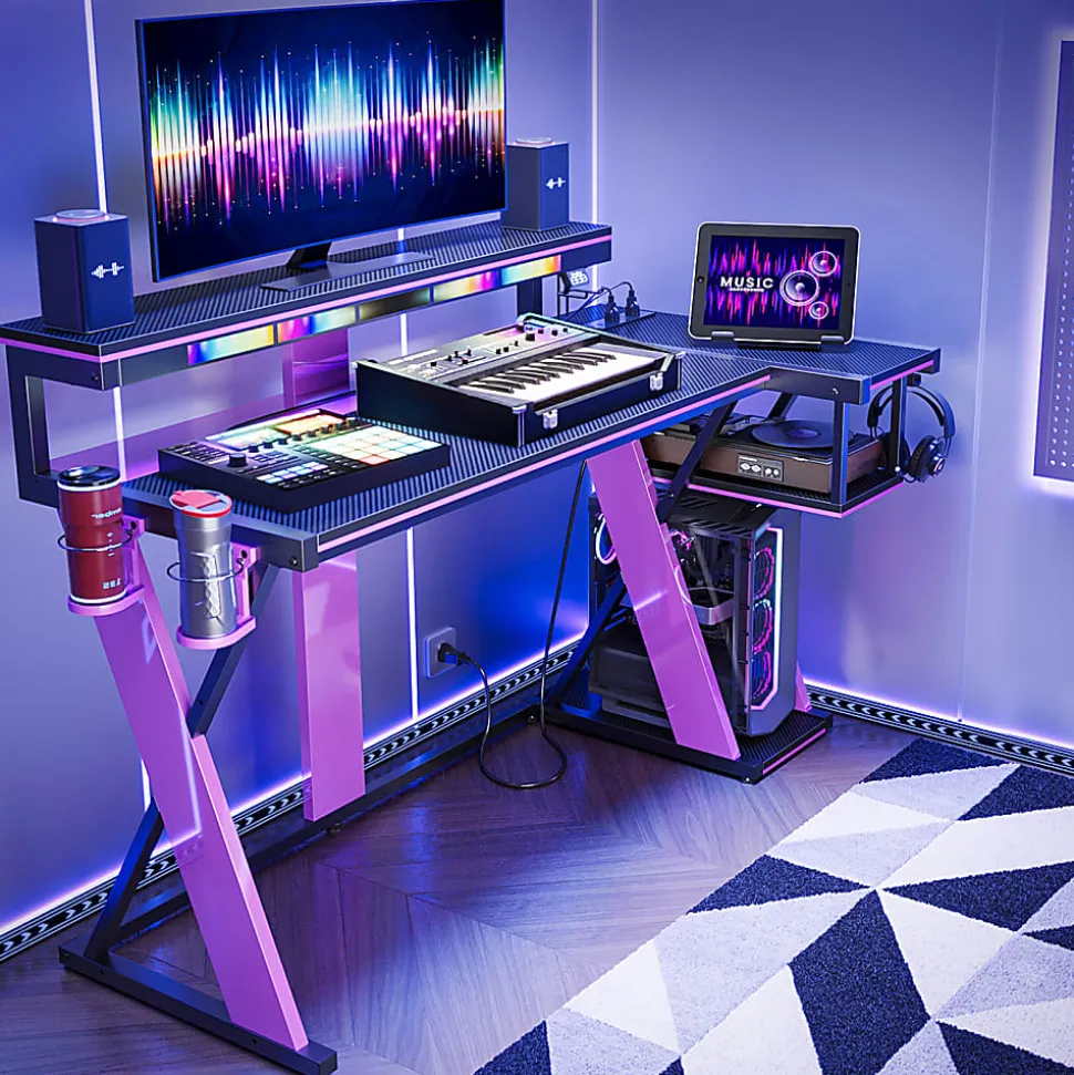 Bestier 58"W LED Gaming Computer Desk With Power Outlet, Black/Purple