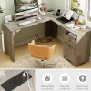 Bestier 55"W L-Shaped Adjustable Height Computer Standing Desk With Power Outlets, Lift-Top And Monitor Stand, Wash Gray