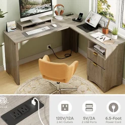 Bestier 55"W L-Shaped Adjustable Height Computer Standing Desk With Power Outlets, Lift-Top And Monitor Stand, Wash Gray