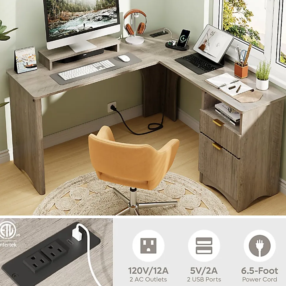 Bestier 55"W L-Shaped Adjustable Height Computer Standing Desk With Power Outlets, Lift-Top And Monitor Stand, Wash Gray