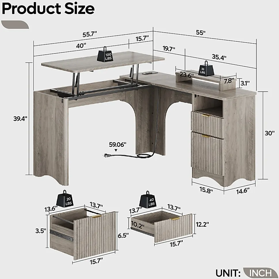Bestier 55"W L-Shaped Adjustable Height Computer Standing Desk With Power Outlets, Lift-Top And Monitor Stand, Wash Gray