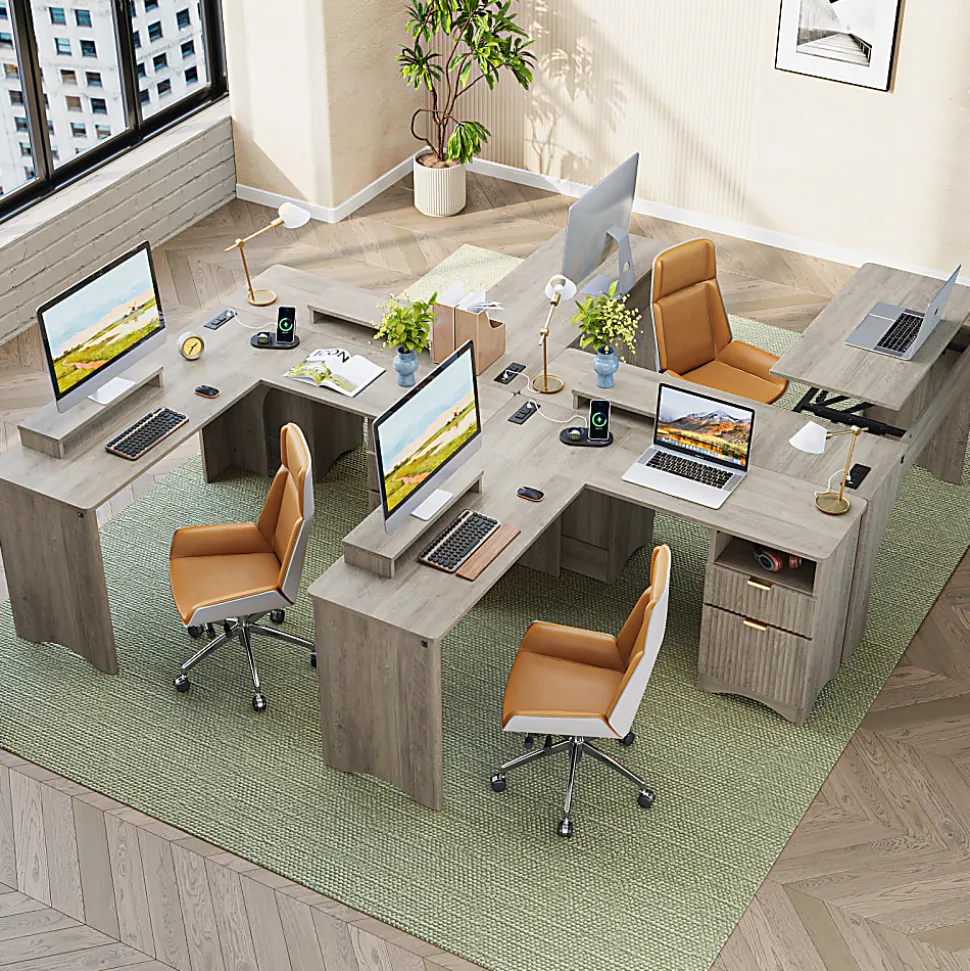 Bestier 55"W L-Shaped Adjustable Height Computer Standing Desk With Power Outlets, Lift-Top And Monitor Stand, Wash Gray