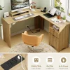 Bestier 55"W L-Shaped Adjustable Height Computer Standing Desk With Power Outlets, Lift-Top And Monitor Stand, Natural