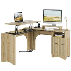 Bestier 55"W L-Shaped Adjustable Height Computer Standing Desk With Power Outlets, Lift-Top And Monitor Stand, Natural