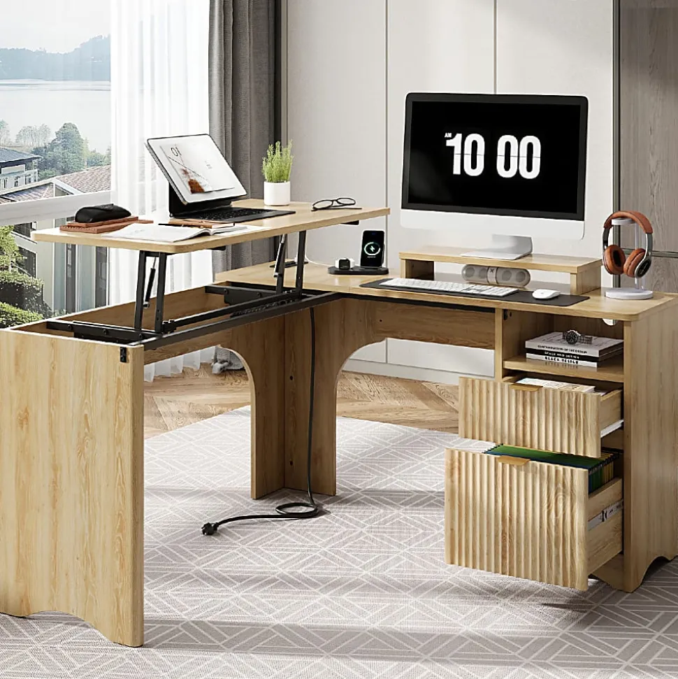 Bestier 55"W L-Shaped Adjustable Height Computer Standing Desk With Power Outlets, Lift-Top And Monitor Stand, Natural