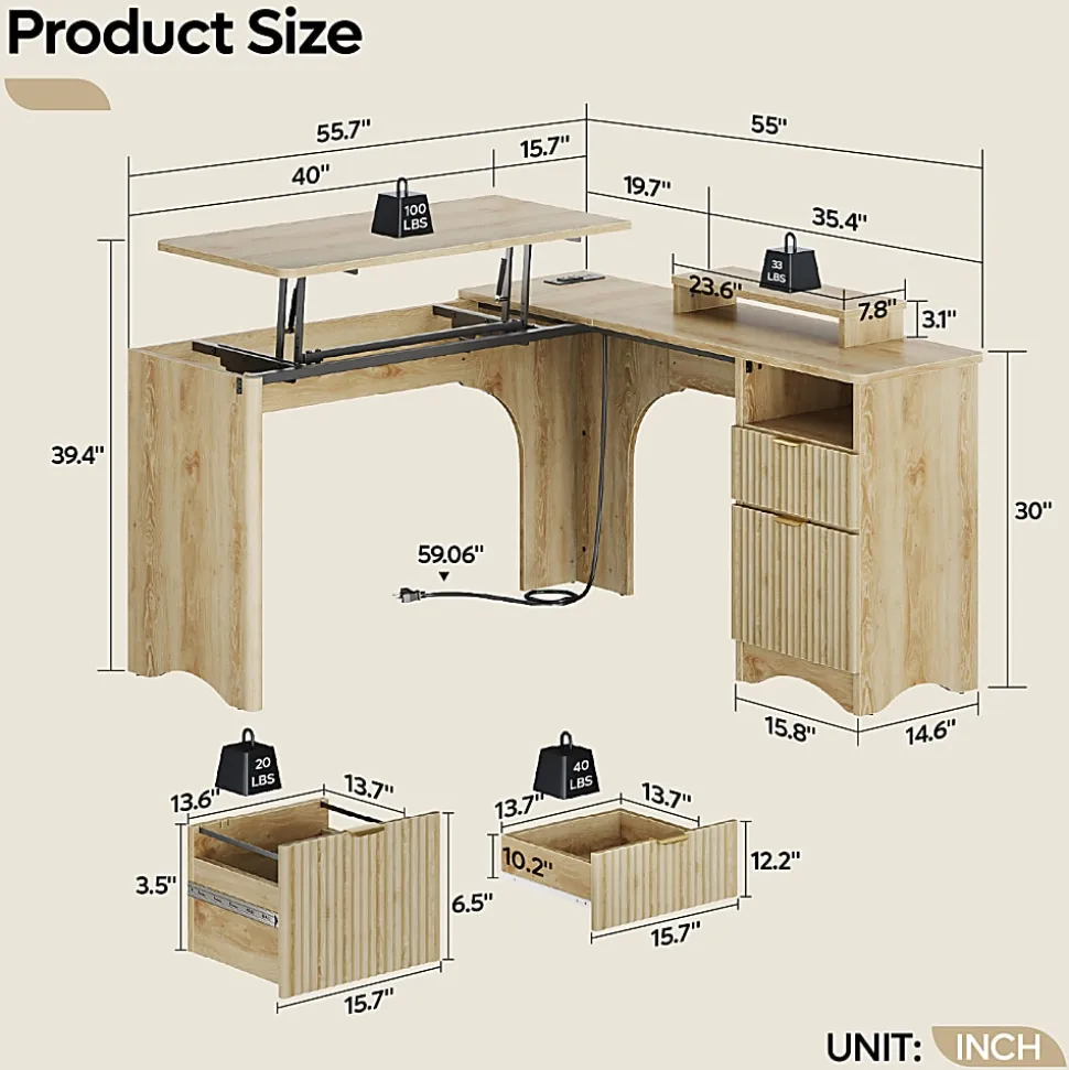 Bestier 55"W L-Shaped Adjustable Height Computer Standing Desk With Power Outlets, Lift-Top And Monitor Stand, Natural