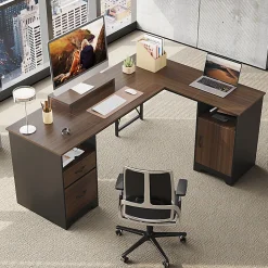 Bestier 63"W L-Shaped Corner Computer Desk With Monitor Stand & Open Storage, Cherry