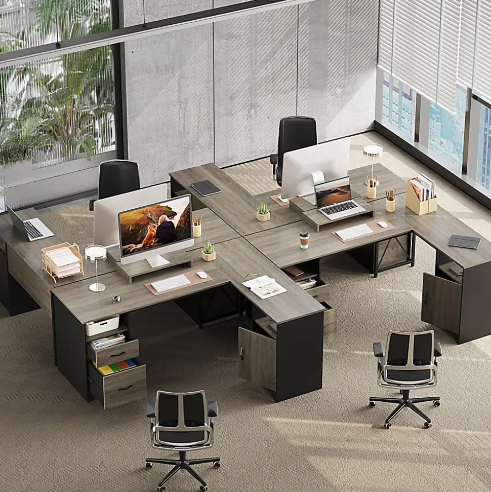 Bestier 63"W L-Shaped Corner Computer Desk With Monitor Stand & Open Storage, Gray