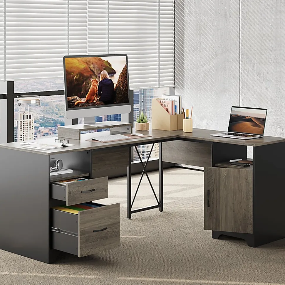 Bestier 63"W L-Shaped Corner Computer Desk With Monitor Stand & Open Storage, Gray