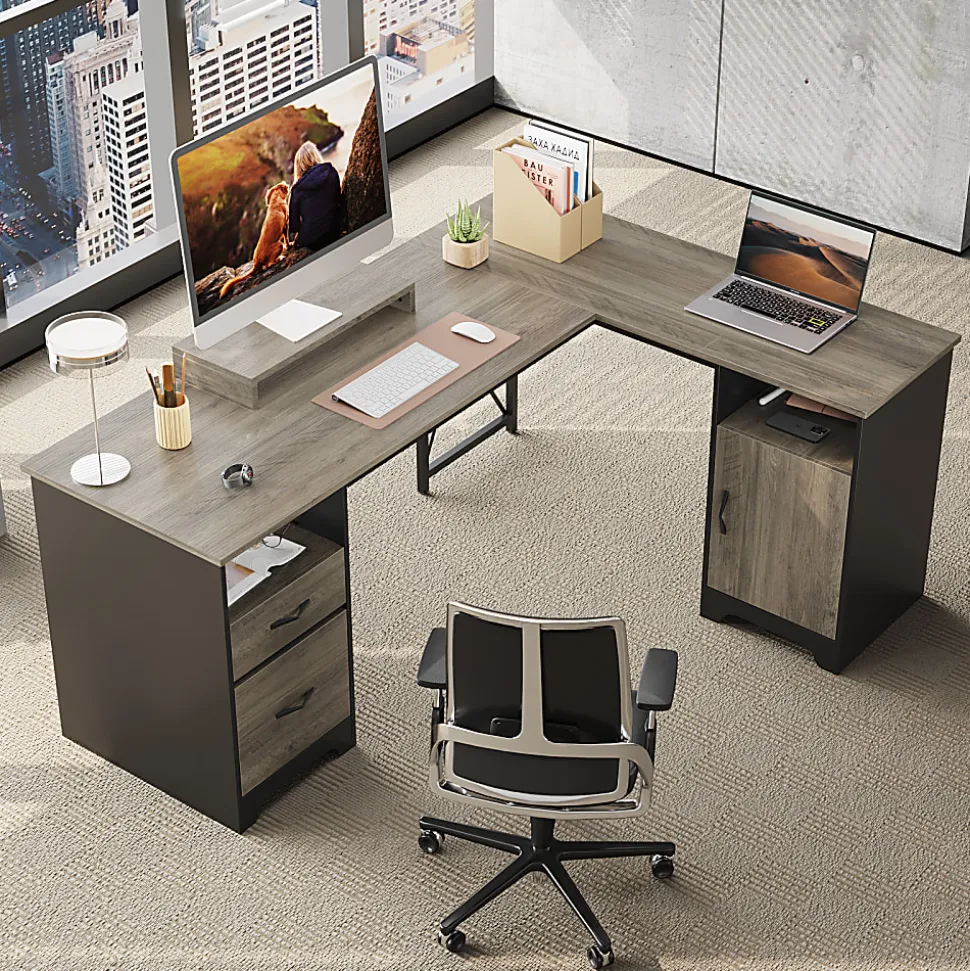 Bestier 63"W L-Shaped Corner Computer Desk With Monitor Stand & Open Storage, Gray