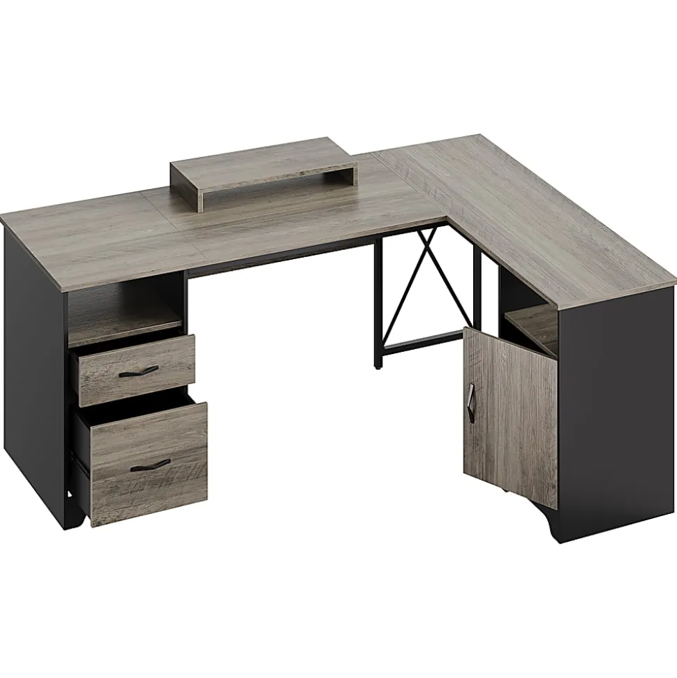 Bestier 63"W L-Shaped Corner Computer Desk With Monitor Stand & Open Storage, Gray