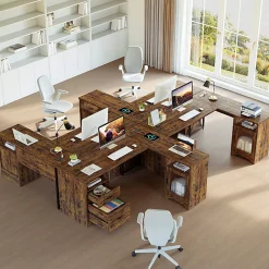 Bestier 63"W L-Shaped Corner Desk With Drawers and Power Outlets, Rustic Brown