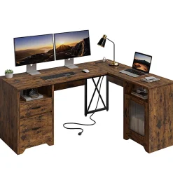 Bestier 63"W L-Shaped Corner Desk With Drawers and Power Outlets, Rustic Brown