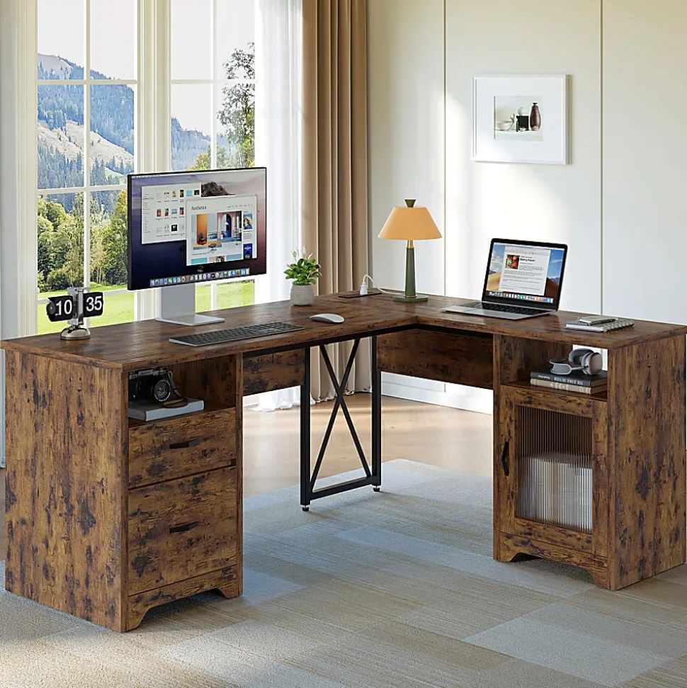 Bestier 63"W L-Shaped Corner Desk With Drawers and Power Outlets, Rustic Brown