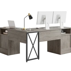 Bestier 63"W L-Shaped Corner Desk With Drawers and Power Outlets, Gray