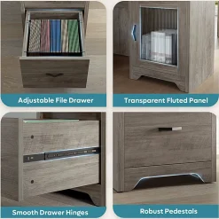Bestier 63"W L-Shaped Corner Desk With Drawers and Power Outlets, Gray