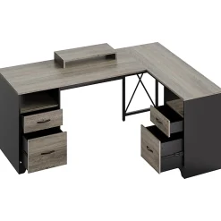 Bestier 63"W L-Shaped Corner Executive Desk With Monitor Stand & Open Storage, Gray