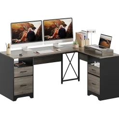Bestier 63"W L-Shaped Corner Executive Desk With Monitor Stand & Open Storage, Gray