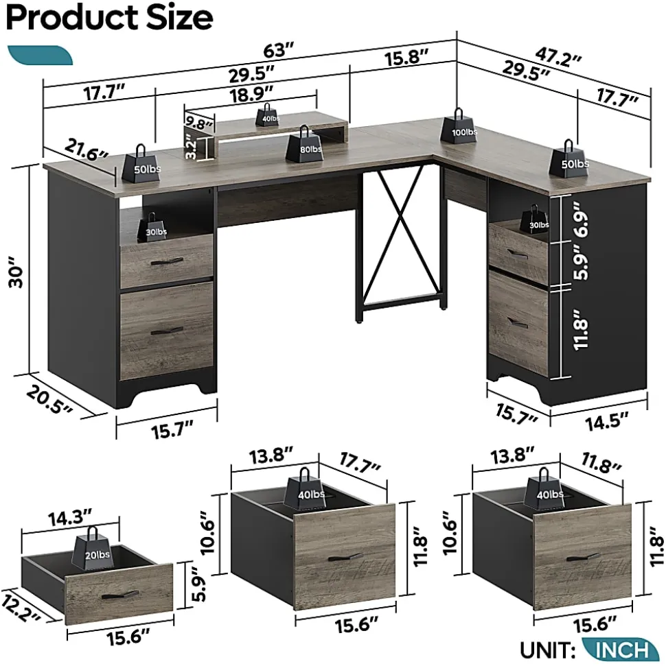 Bestier 63"W L-Shaped Corner Executive Desk With Monitor Stand & Open Storage, Gray