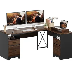 Bestier 63"W L-Shaped Corner Executive Desk With Monitor Stand & Open Storage, Cherry