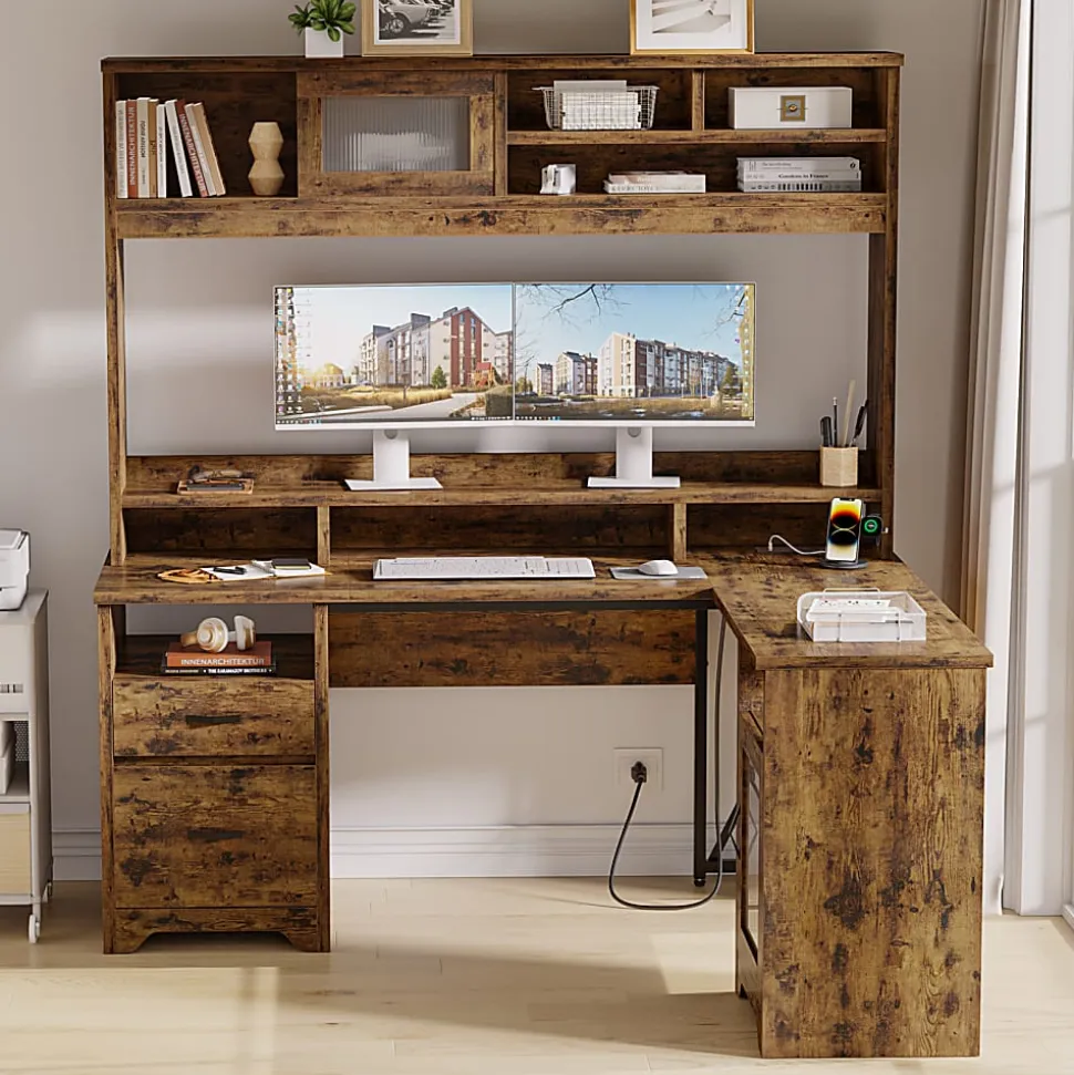 Bestier 63"W L-Shaped Ergonomic Corner Desk, Rustic Brown