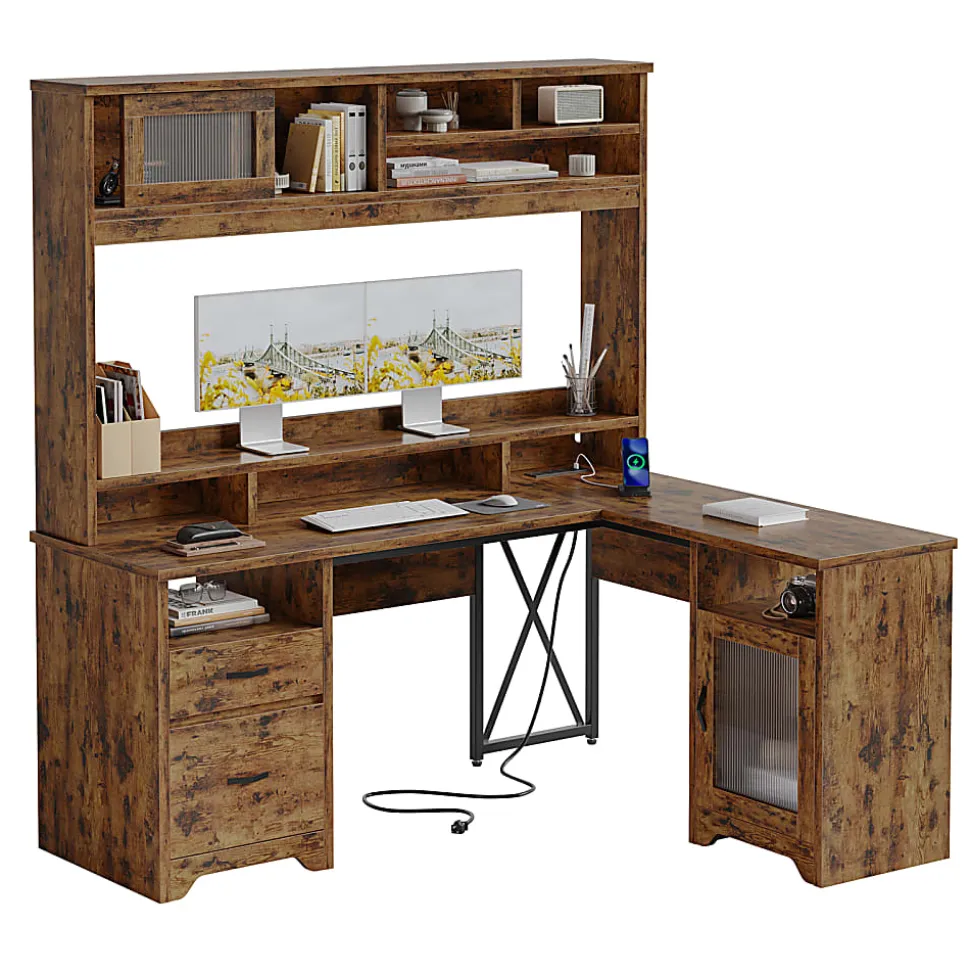 Bestier 63"W L-Shaped Ergonomic Corner Desk, Rustic Brown